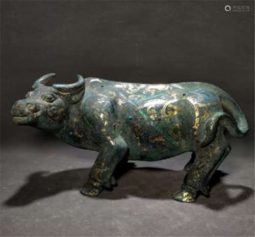 CHINESE GOLD INLAID BRONZE OX TABLE ITEM