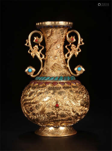 CHINESE GILT BRONZE PHOENIX HANDLE VASE