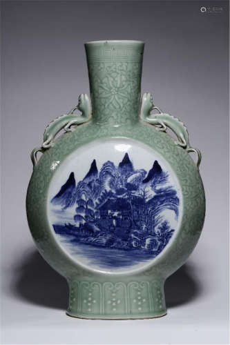 CHINESE PORCELAIN CELADON GLAZE BLUE AND WHITE MOUNTAIN VIEWS MOONFLASK