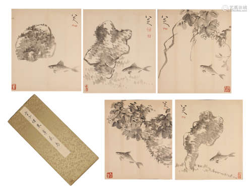FIVE PAGES OF CHINESE ALBUM PAINTING OF FISH AND ROCK