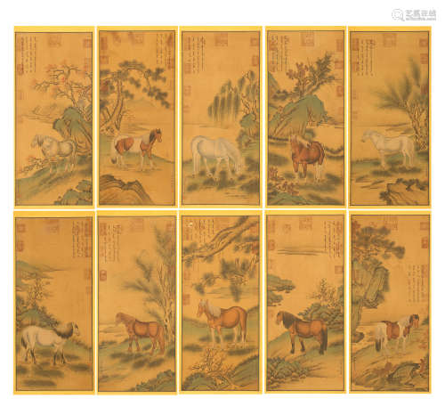 TEN PANELS OF CHINESE SCROLL PAINTING OF HORSE
