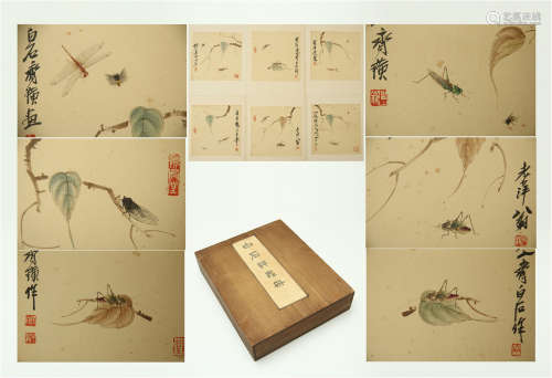TWEENTY PAGES OF CHINESE ALBUM PAINTING OF INSECT AND LEAF