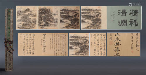 CHINESE HAND SCROLL PAINTING OF MOUNTAIN VIEWS WITH CALLIGRAPHY