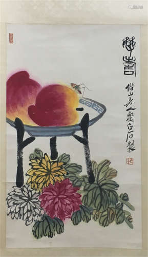 CHINESE SCROLL PAINTING OF PEACH AND WASP