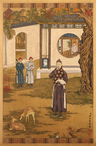 CHINESE SCROLL PAINTING OF MAN IN GARDEN WITH DEER