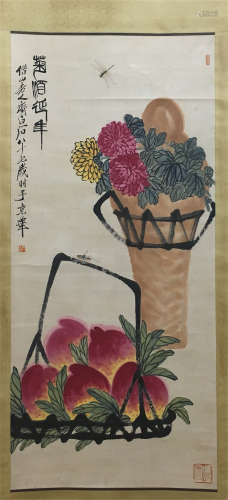CHINESE SCROLL PAINTING OF PEACH AND FLOWER