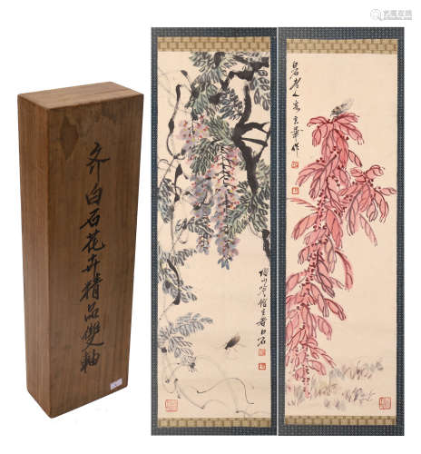 TWO PANELS OF CHINESE SCROLL PAINTING OF INSCET AND FLOWER