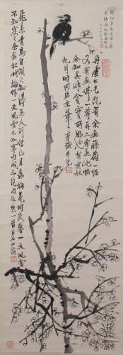 CHINESE SCROLL PAINTING OF BIRD AND FLOWER WITH CALLIGRAPHY