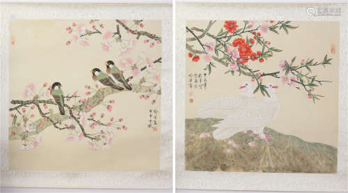TWO PANELS OF CHINESE SCROLL PAINTING OF BIRD AND FLOWER