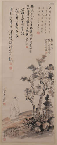 CHINESE SCROLL PAINTING OF MAN IN WOOD WITH CALLIGRAPHY