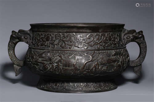 CHINESE BRONZE DRAGON HANDLE ROUND CENSER