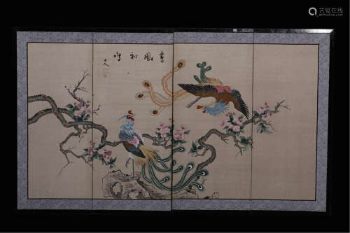 FOUR PANELS OF CHINESE SCROLL PAINTING OF BIRD AND FLOWER FLOOR SCREEN