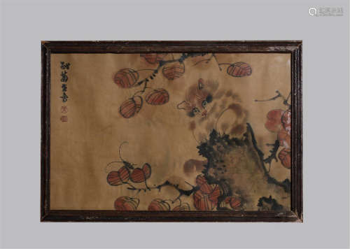 FRAMED CHINESE SCROLL PAINTING OF CAT ON ROCK