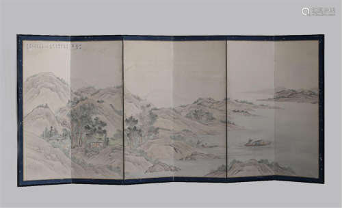SIX PANELS OF CHINESE SCROLL PAINTING OF MOUNTAIN VIEWS FLOOR SCREEN
