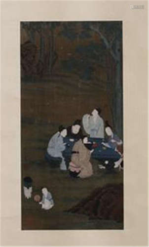 CHINESE SCROLL PAINTING OF MEN GATHERING PARTY