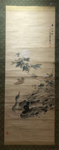 CHINESE SCROLL PAINTING OF DUCK AND FLOWER