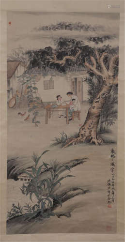 CHINESE SCROLL PAINTING OF MOTHER AND KID