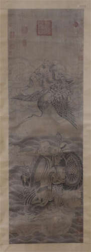 CHINESE SCROLL PAINTING OF LOHAN ON OCEAN