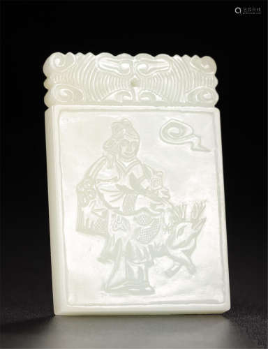 CHINESE WHITE JADE LADY AND DEER PLAQUE