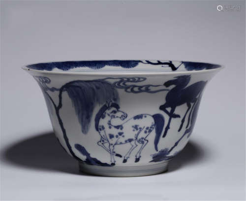 CHINESE PORCELAIN BLUE AND WHITE HORSE BOWL