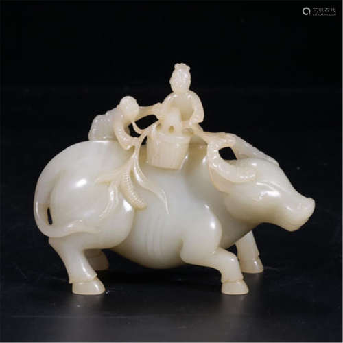 CHINESE WHITE JADE BOY ON OX TABLE ITEM