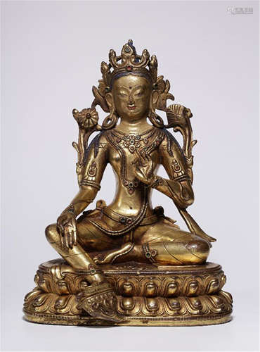 TIBETAN GILT BRONZE SEATED TARA WITH LOTUS