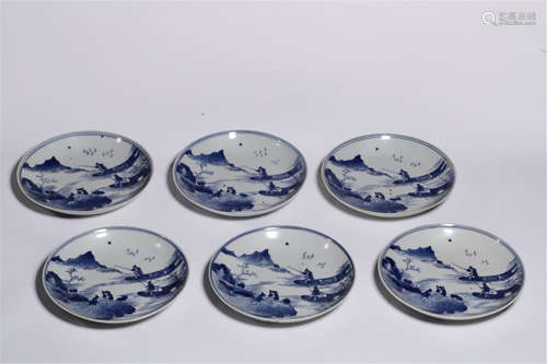 SIX CHINESE PORCELAIN BLUE AND WHITE MOUNTAIN VIEWS PLATES