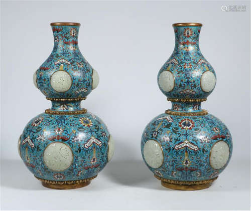 PAIR OF CHINESE WHITE JADE PLAQUE INLAID CLOISONNE DOUBLE GOURD VASES