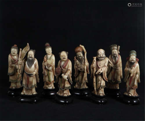 EIGHT CHINESE SOAPSTONE IMMOTALS STANDING FIGURES