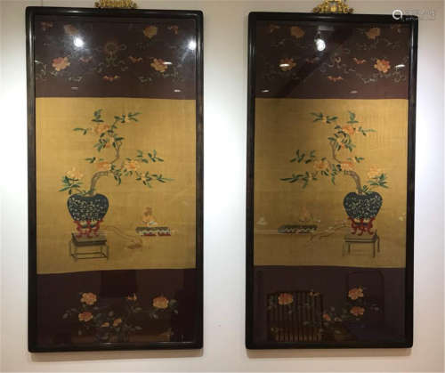 PAIR OF FRAMED CHINESE EMBROIDERY KESI TAPESTRY OF FLOWER IN VASE