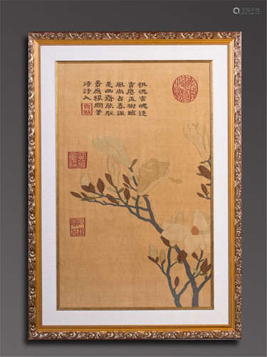 FRAMED CHINESE EMBROIDEY KESI FLOWER TAPESTRY