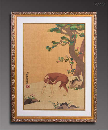 FRAMED CHINESE EMBROIDEY KESI DOG TAPESTRY