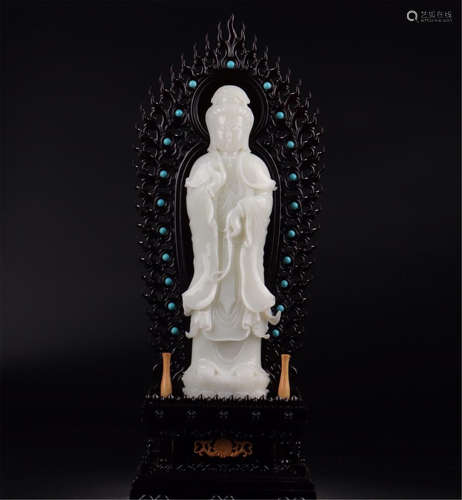 CHINESE WHITE JADE STANDING GUANYIN IN ZITAN NICHE