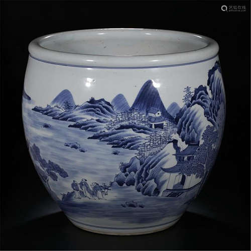 CHINESE PORCELAIN BLUE AND WHITE MOUNTAIN VIEWS FISH BOWL