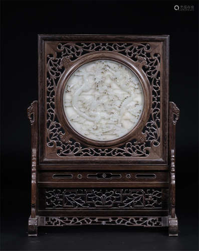 CHINESE WHITE PLAQUE INLAID ROSEWOOD TABLE SCREEN