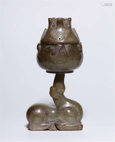 CHINESE ANCIENT JADE RAM STAND BOSHAN CENSER