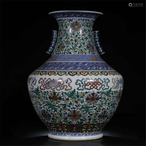 LARGE CHINESE PORCELAIN DOUCAI FLOWER ZUN VASE