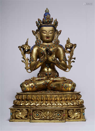 CHINESE GEM STONE INLAID GILT BRONZE SEATED BUDDHA