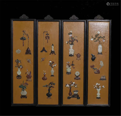 FOUR PANELS OF CHINESE GEM STONE INLAID LACQUER WALL HANGED SCREEN