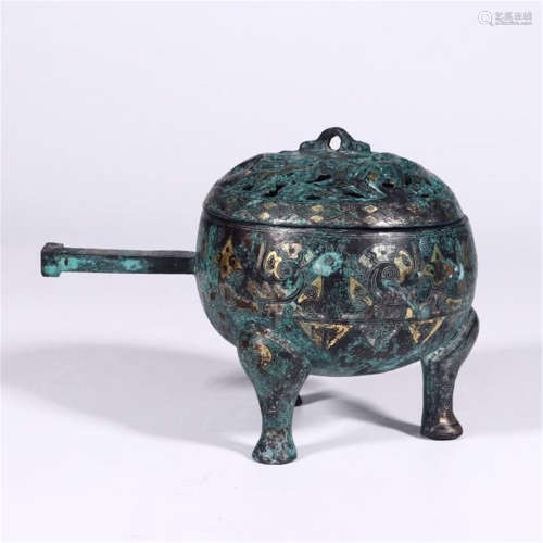 CHINESE SILVER GOLD INLAID BRONZE LONG HANDLE CENSER