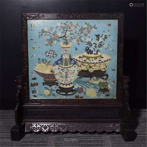 CHINESE CLOISONNE PLAQUE OF FLOWER IN VASE ROSEWOOD ZITAN TABLE SCREEN