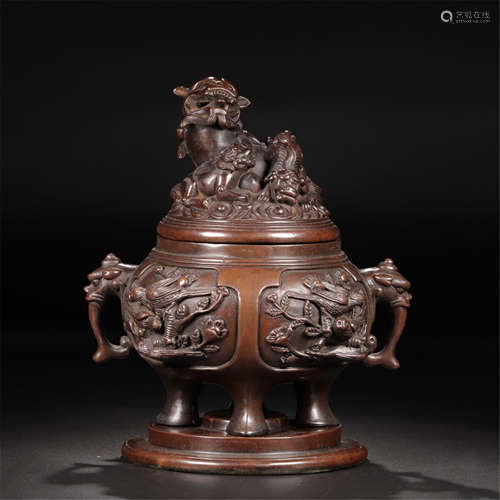 CHINESE BRONZE HANDLED LION LIDDED CENSER