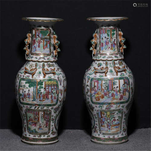 PAIR OF LARGE CHINESE PORCELAIN FAMILLE ROSE FIGURES VASE