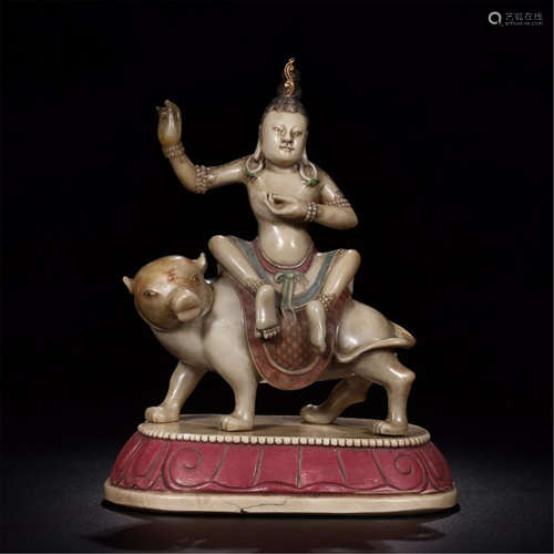 CHINESE COLOR PANITED SOAPSTONE SEATED GUANYIN