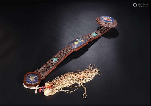 CHINESE GEM STONE INLAID ZITAN RUYI SCEPTER