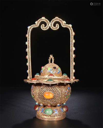 CHINESE GEM STONE INLAID GILT SILVER LONG HANDLE LIDDED CENSER