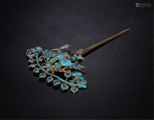 CHINESE KINGFISHER FEATHER DECOR SILVER HAIR PIN