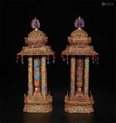 PAIR OF CHINESE GILT SILVER ENAMEL PAVILLION INCENSE CAGE