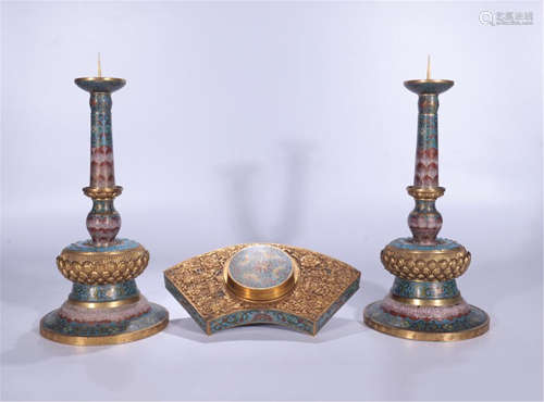 PAIR OF CHINESE CLOISONEN CANDLE HOLDERS WITH INK BOX