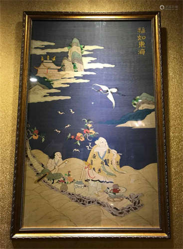 FRAMED CHINESE EMBROIDERY TAPESTRY OF MAN ON BOAT